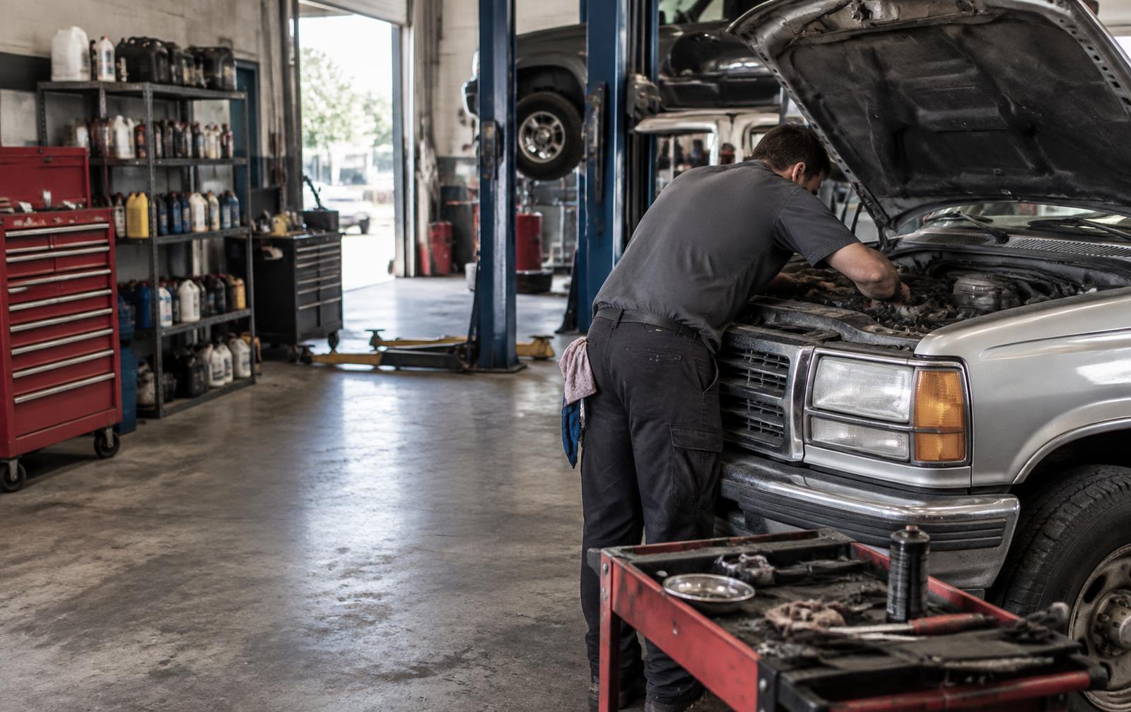 Technician inspecting a pickup truck in a repair bay — illustrative demo garage